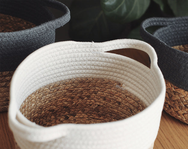 Round Handmade (White) Woven Seagrass Storage Basket